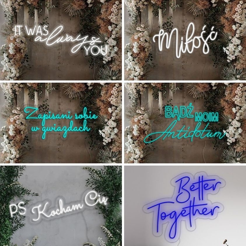 Kompozycja sześciu zdjęć neonowych napisów o tematyce miłosnej, otoczonych kwiatami i zielenią, na różnych tłach.