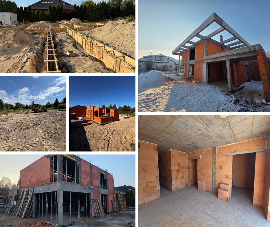 Montaż fundamentów, budowa ścian z bloczków ceramicznych, wylewanie stropu. Etapy budowy domu murowanego w formie kolażu zdjęć z różnych perspektyw i etapów.