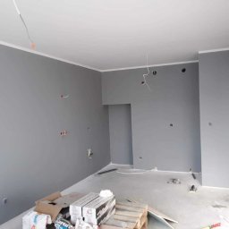 Mateusz nie - Szare wnętrze w trakcie prac wykończeniowych: ściany pomalowane na szaro, widoczne puszki elektryczne, listwy przysufitowe, resztki materiałów budowlanych na podłodze i opakowania po gładzi...