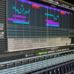 Ekran komputera z otwartym programem do edycji audio, widoczne ścieżki audio w różnych kolorach oraz panel miksera z ustawieniami routingów, insertów i sendów.