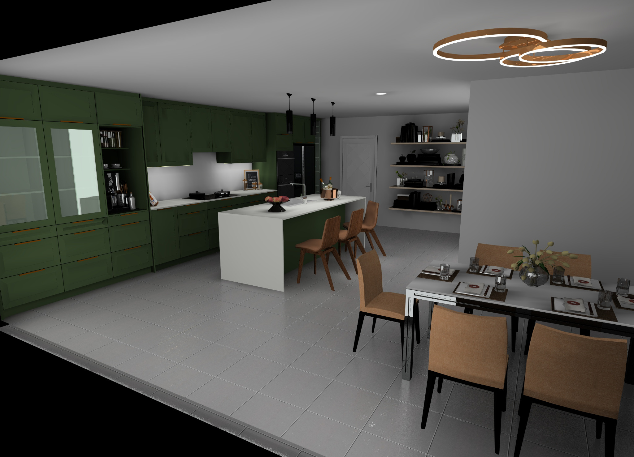Wizualizacja wnętrza kuchni z zielonymi szafkami i wyspą w Kiełczowie, widok na stół jadalny z nakryciem i nowoczesną lampą sufitową.