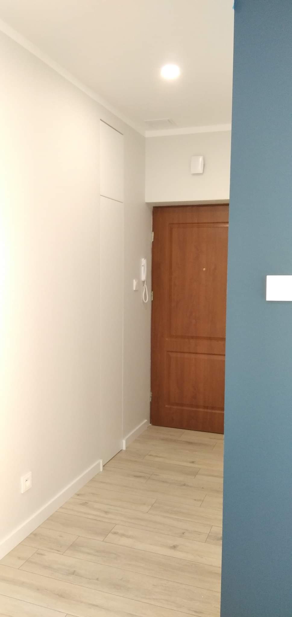 Wykończone wnętrze przedpokoju z panelami podłogowymi imitującymi drewno, białe ściany z listwami przypodłogowymi, wbudowana szafa w kolorze ścian, drewniane drzwi wejściowe i fragment ściany...