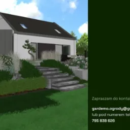 Wizualizacja projektu ogrodu z nowoczesnym domem, schodami z szarego kamienia i różnorodną roślinnością, w tym strzyżonymi krzewami i ozdobnymi trawami. Na pierwszym planie równo przystrzyżony...