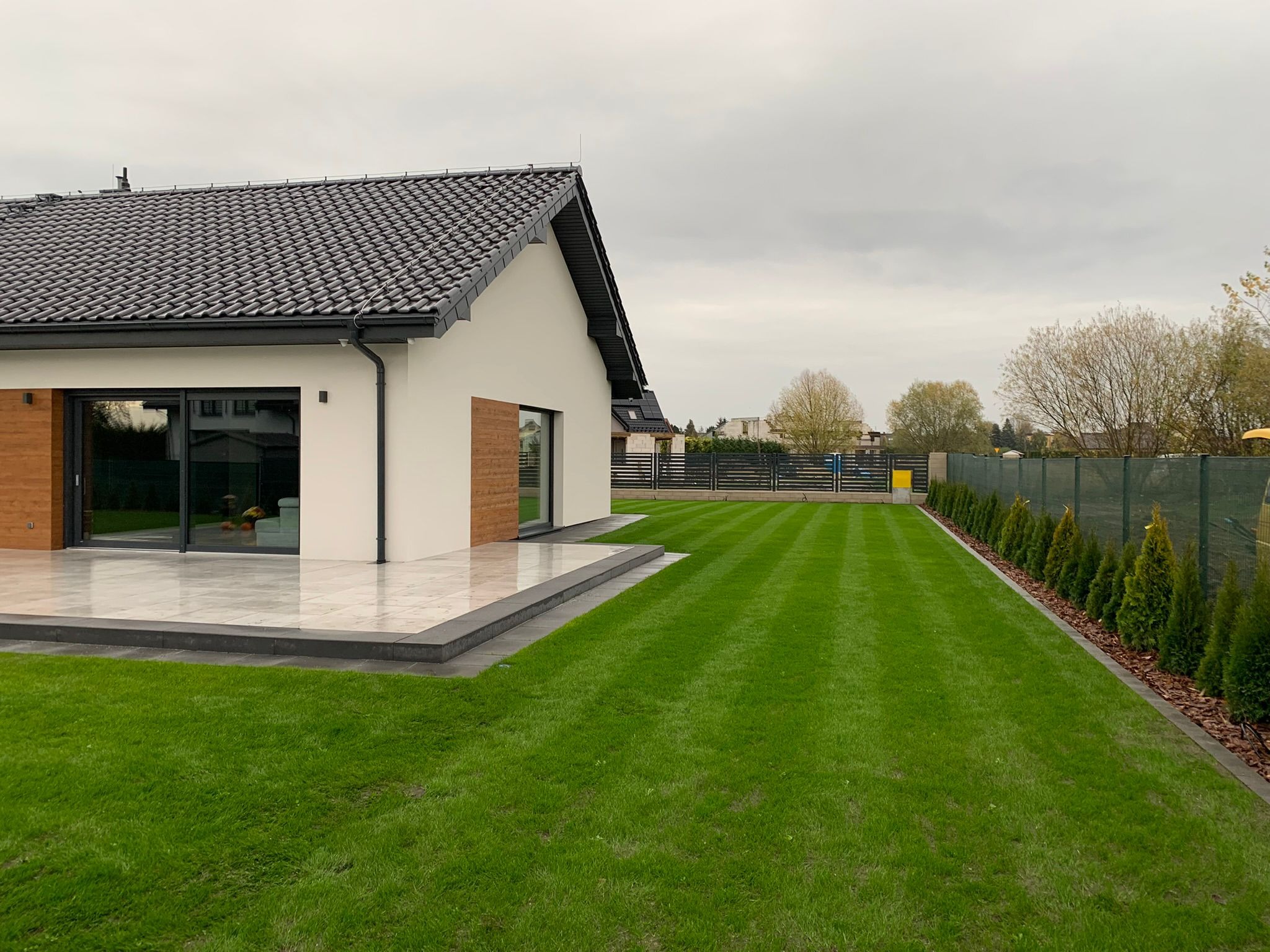 Świeżo skoszony trawnik z regularnymi pasami obok nowoczesnego domu z tarasem wyłożonym jasnymi płytami i rzędem małych tuj wzdłuż ogrodzenia.