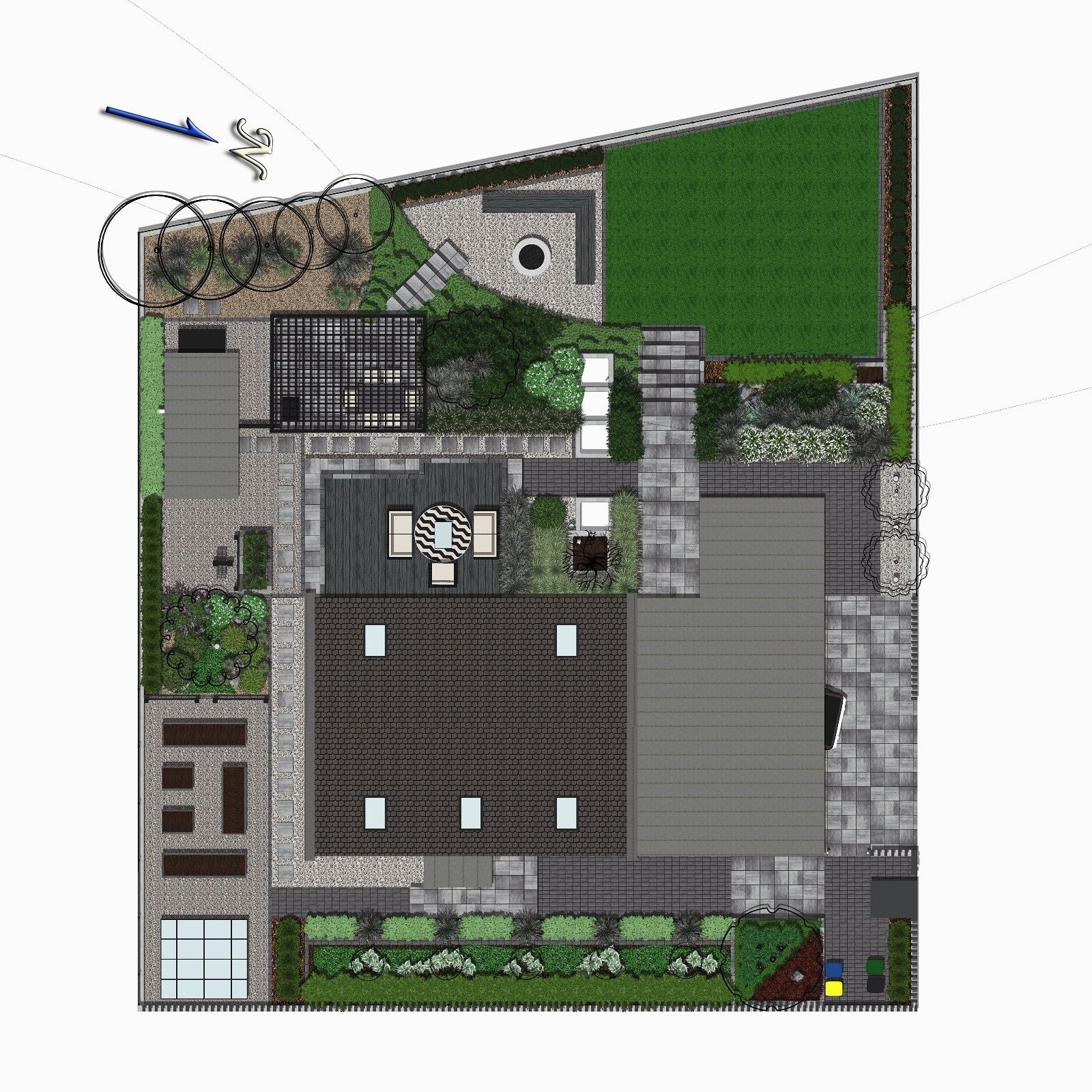 Plan zagospodarowania terenu wokół domu z widokiem z góry, prezentujący podział na strefy: trawnik, rabaty, strefę relaksu z pergolą i meblami ogrodowymi, ścieżki z kostki brukowej oraz nasadzenia...