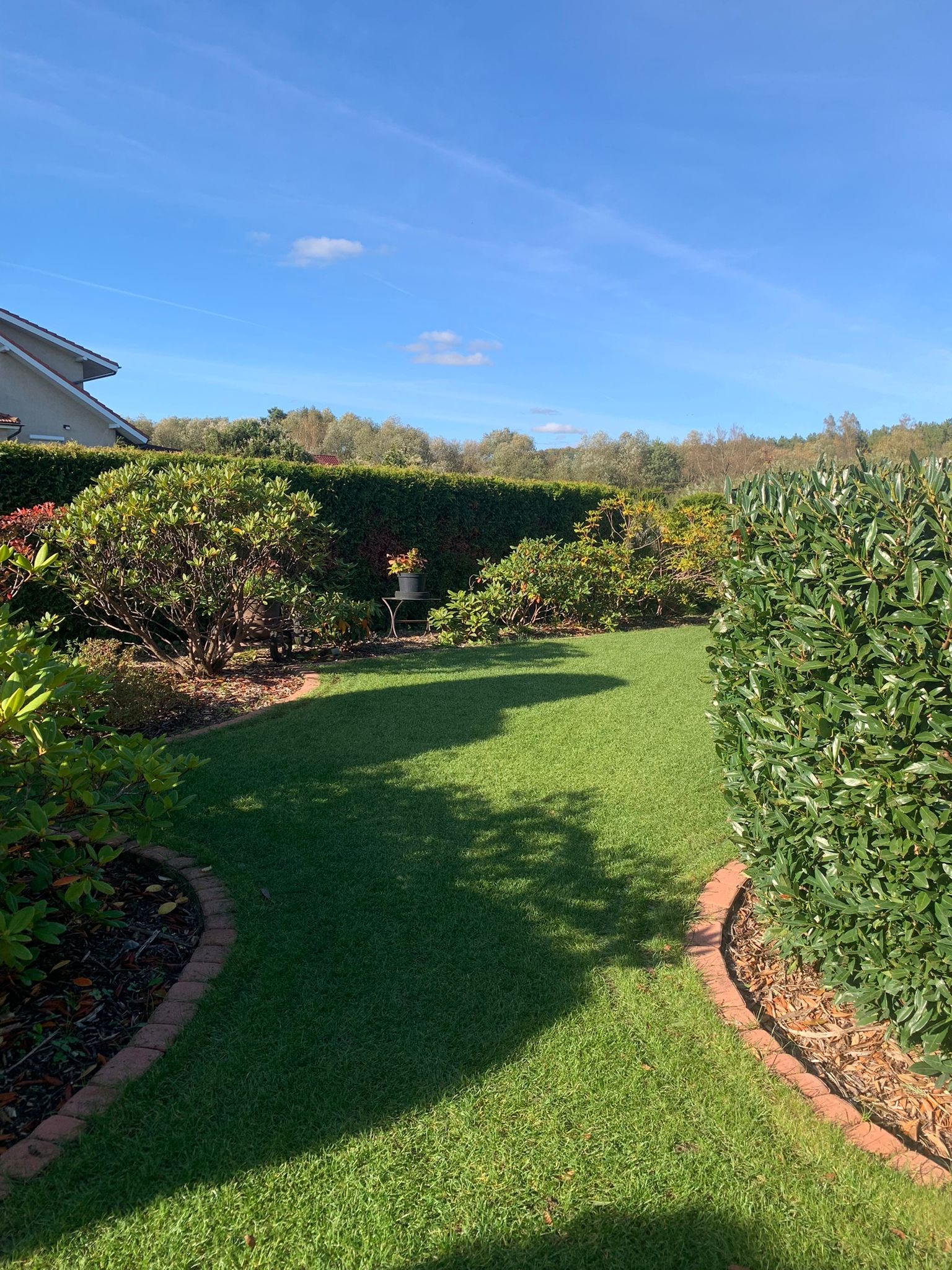 Zadbany trawnik z równo przystrzyżoną trawą, obrzeża z czerwonej cegły, krzewy i żywopłot w tle, mały stolik z doniczką w zacienionym miejscu ogrodu.