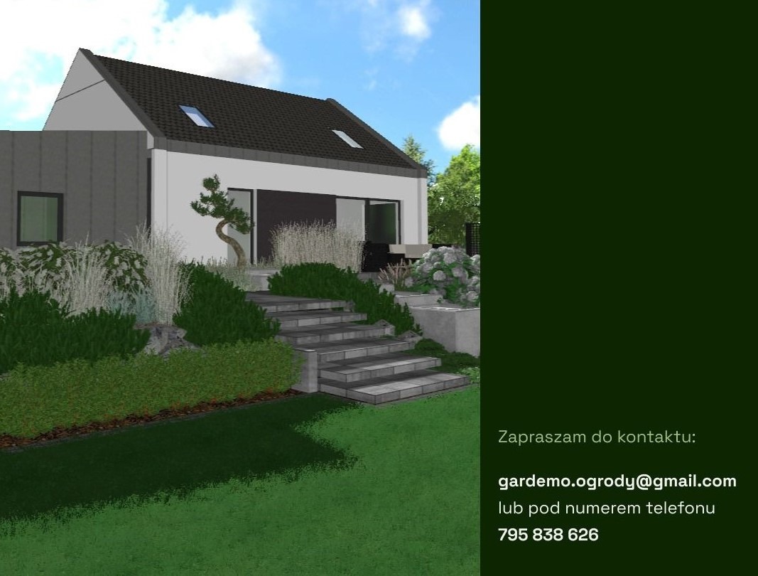 Wizualizacja projektu ogrodu z nowoczesnym domem, schodami z szarego kamienia i różnorodną roślinnością, w tym strzyżonymi krzewami i ozdobnymi trawami. Na pierwszym planie równo przystrzyżony...