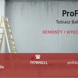 Wizytówka firmy ProFi Tobiasz Babiak oferującej remonty i wykończenia, z drabiną opartą o ścianę w tle.