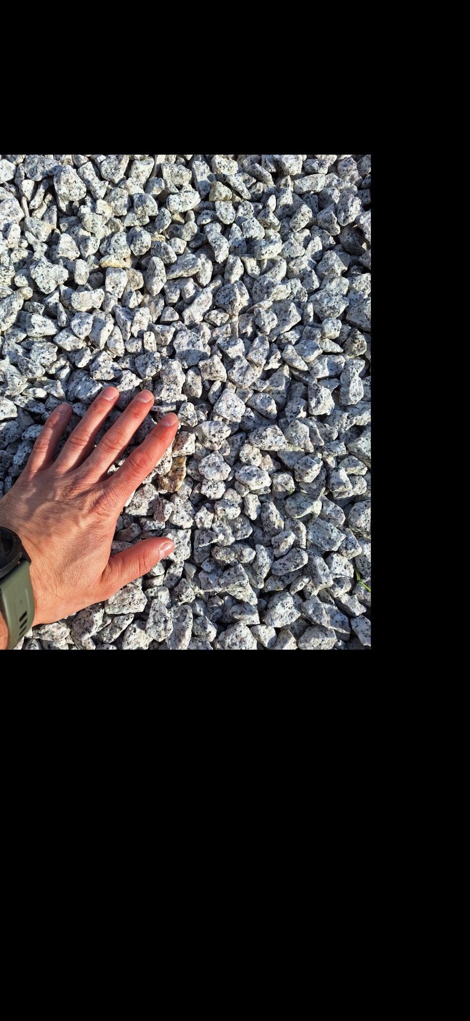 Dłoń z zegarkiem na tle drobnego, białego kruszywa z czarnymi plamkami, oświetlonego słonecznym światłem.