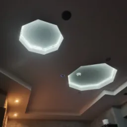 Sufit z dwoma ośmiokątnymi wnękami podświetlonymi taśmą LED, dodatkowe oświetlenie punktowe i czujnik dymu, widoczne fragmenty umeblowania i dekoracji wnętrza.