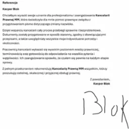 Skan referencji dla Kancelarii Prawnej MM od zadowolonego klienta Kacpra Bloka, z ręcznym podpisem 'Blok' na dole.