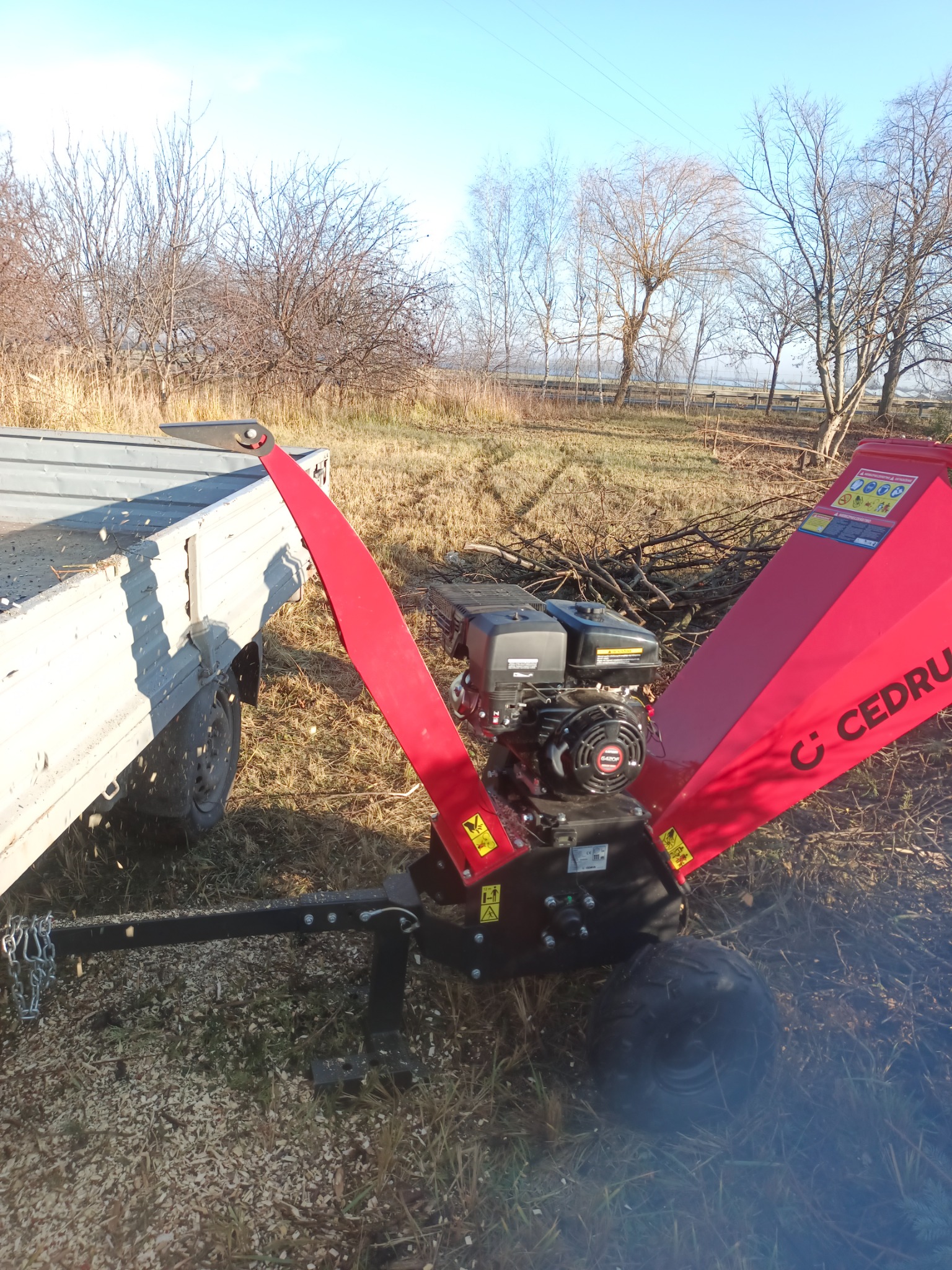 Czerwony rębak do gałęzi marki Cedrus podłączony do przyczepki samochodowej na tle łąki z drzewami bez liści, w otoczeniu wiórów drzewnych.