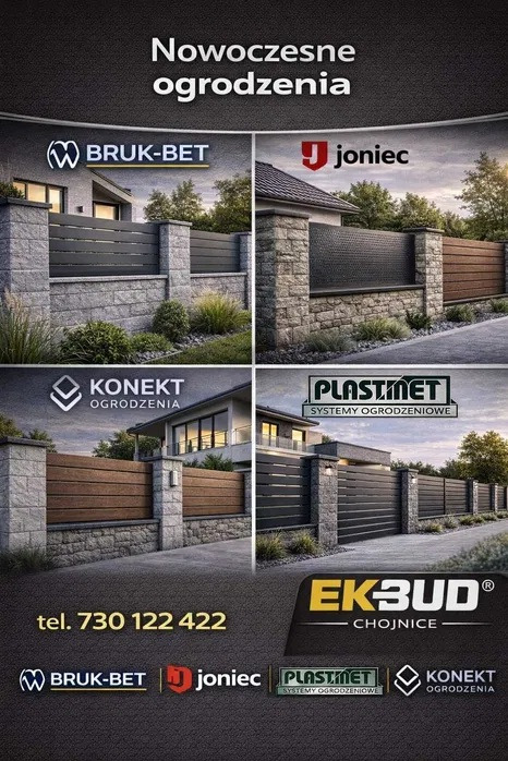 Nowoczesne ogrodzenia panelowe różnych producentów: Bruk-Bet, Joniec, Plastimet, Konekt. Prezentacja na tle domów jednorodzinnych, z kamiennymi słupkami.