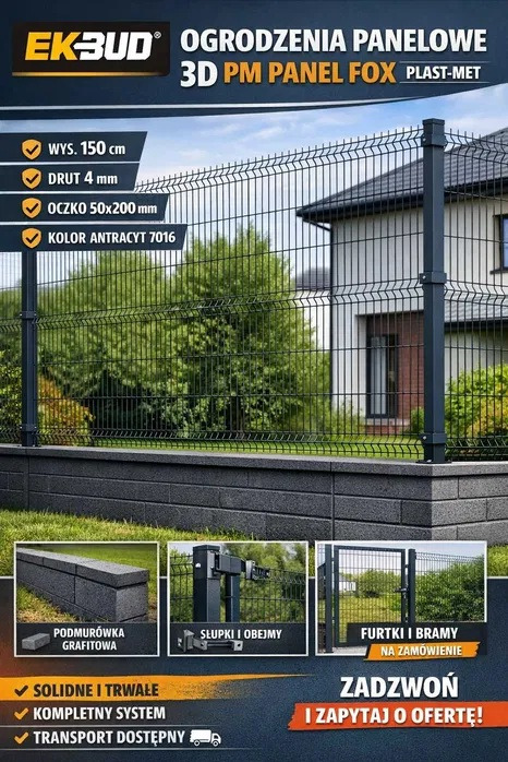 Ogrodzenie panelowe 3D PM Panel FOX w kolorze antracytowym, o wysokości 150 cm, z drutu 4 mm i oczkiem 50x200 mm, zamontowane na podmurówce grafitowej. Solidny i trwały system.