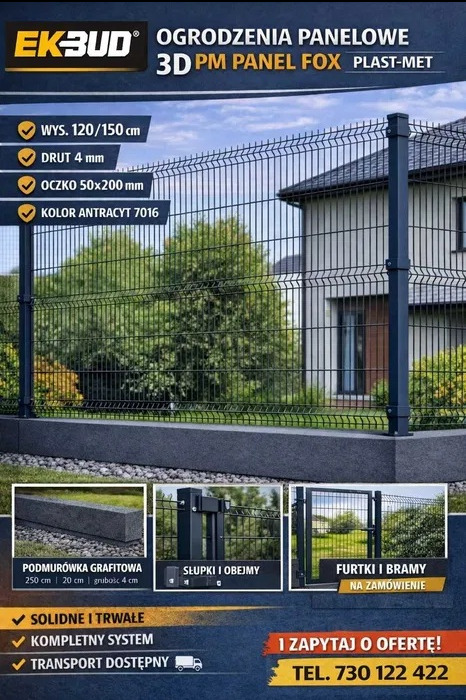 Ogrodzenie panelowe 3D PM Panel Fox w kolorze antracyt 7016, o wysokości 120/150 cm, z drutu 4 mm i oczkiem 50x200 mm, na podmurówce grafitowej 250x20x4 cm.