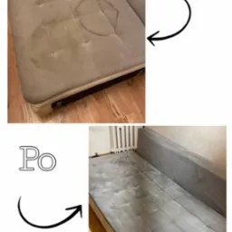 Dwa ujęcia tego samego szarego materaca kanapy: górne z widocznymi plamami i napis 'Przed' z czarną strzałką, dolne po czyszczeniu z napisem 'Po' i strzałką.