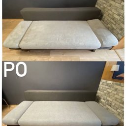 BUBBLE CLEANING ( Pranie Mebli Tapicerowanyh ) - Zdjęcie 'Przed i Po' prezentujące kanapę z jasną tapicerką, po profesjonalnym czyszczeniu. Widoczna różnica w odświeżeniu koloru i usunięciu zabrudzeń.