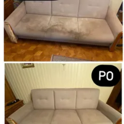 Kanapa 'przed' z wyraźnymi plamami i 'po' czyszczeniu, ukazująca efekt usługi. Na dolnym ujęciu widoczny fragment niebieskiego materiału ochronnego.