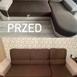 Zdjęcie narożnika z brązową tapicerką w układzie 'przed i po' czyszczeniu. Widoczne różnice w odcieniu i czystości materiału.