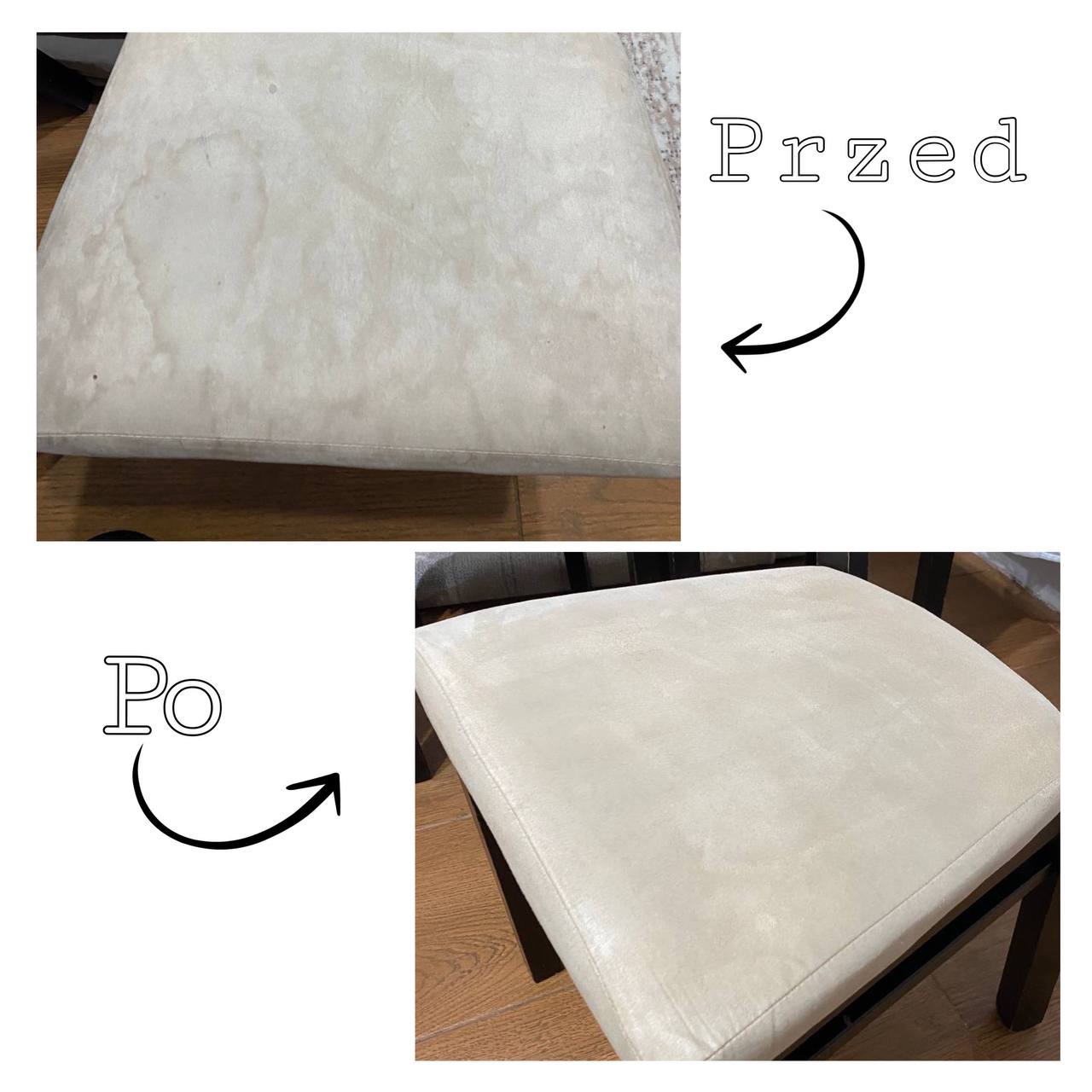 Kolaż prezentujący tapicerkę krzesła przed i po czyszczeniu, z widocznymi plamami na górnym zdjęciu i czystą powierzchnią na dolnym zdjęciu, z dodanymi strzałkami i napisami 'Przed' i 'Po'.