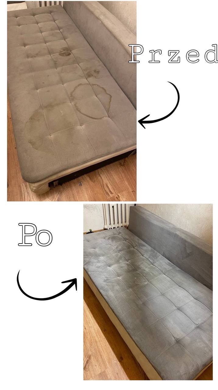 Dwa ujęcia tego samego szarego materaca kanapy: górne z widocznymi plamami i napis 'Przed' z czarną strzałką, dolne po czyszczeniu z napisem 'Po' i strzałką.