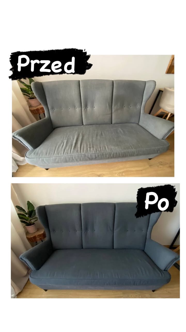 Dwu-częściowe ujęcie sofy 'przed' (szara, z plamami) i 'po' czyszczeniu (ciemniejsza, jednolita barwa), prezentujące efekt usługi.