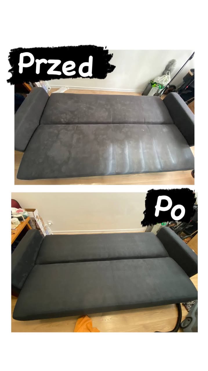 Zdjęcie 'przed i po' przedstawia ciemną kanapę z widocznymi plamami, która po czyszczeniu wygląda na odświeżoną i czystą, ukazując skuteczność usługi.
