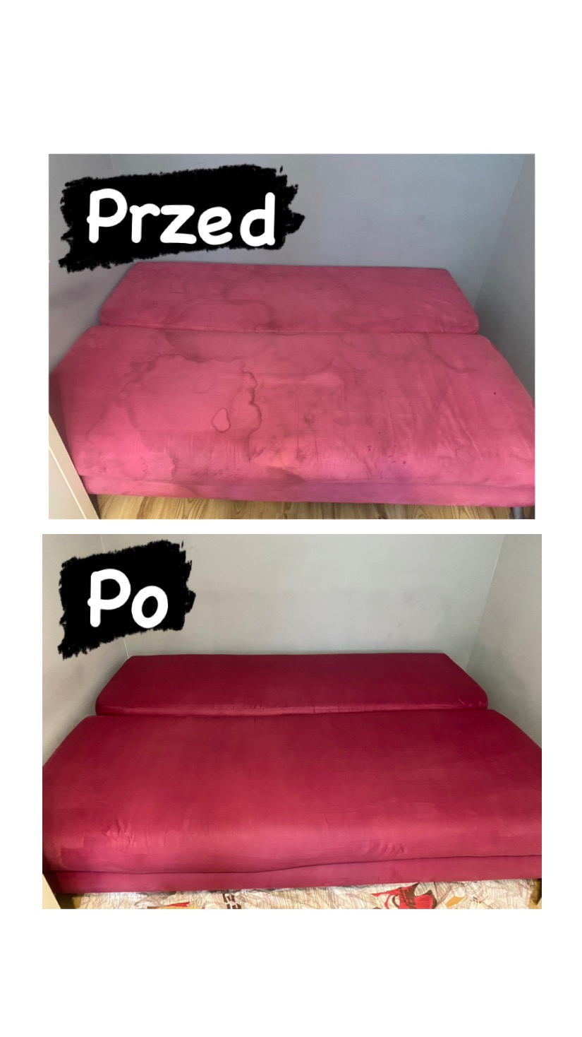Różowa kanapa przed i po czyszczeniu, widoczne plamy przed i jednolity kolor po. Ujęcie w rogu pokoju, z góry, ukazujące efekt usługi.