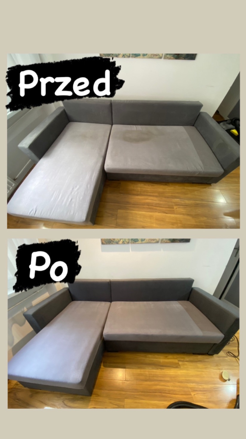 Szara kanapa narożna przed i po czyszczeniu tapicerki, widoczne różnice w odcieniu i usunięcie plam na siedzisku. Parkiet podłogowy.