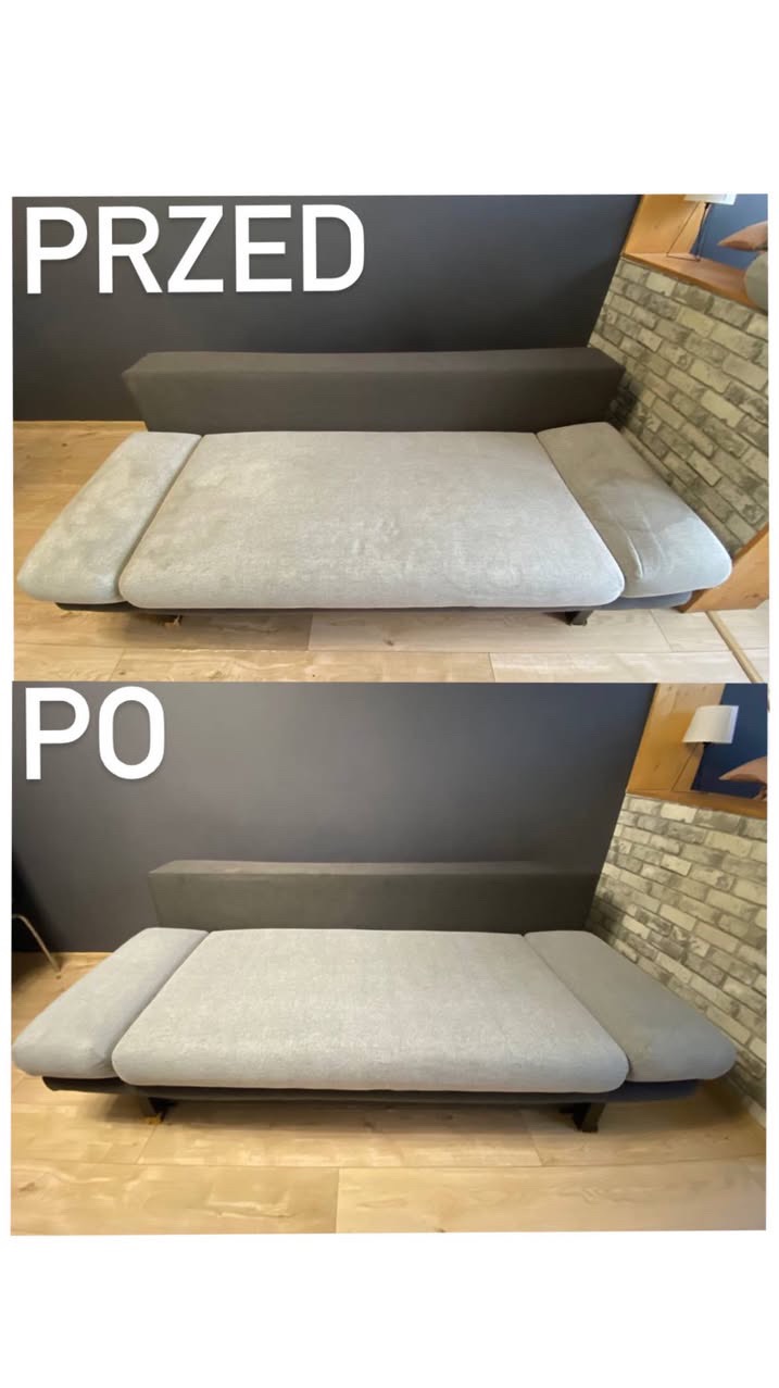 Zdjęcie 'Przed i Po' prezentujące kanapę z jasną tapicerką, po profesjonalnym czyszczeniu. Widoczna różnica w odświeżeniu koloru i usunięciu zabrudzeń.