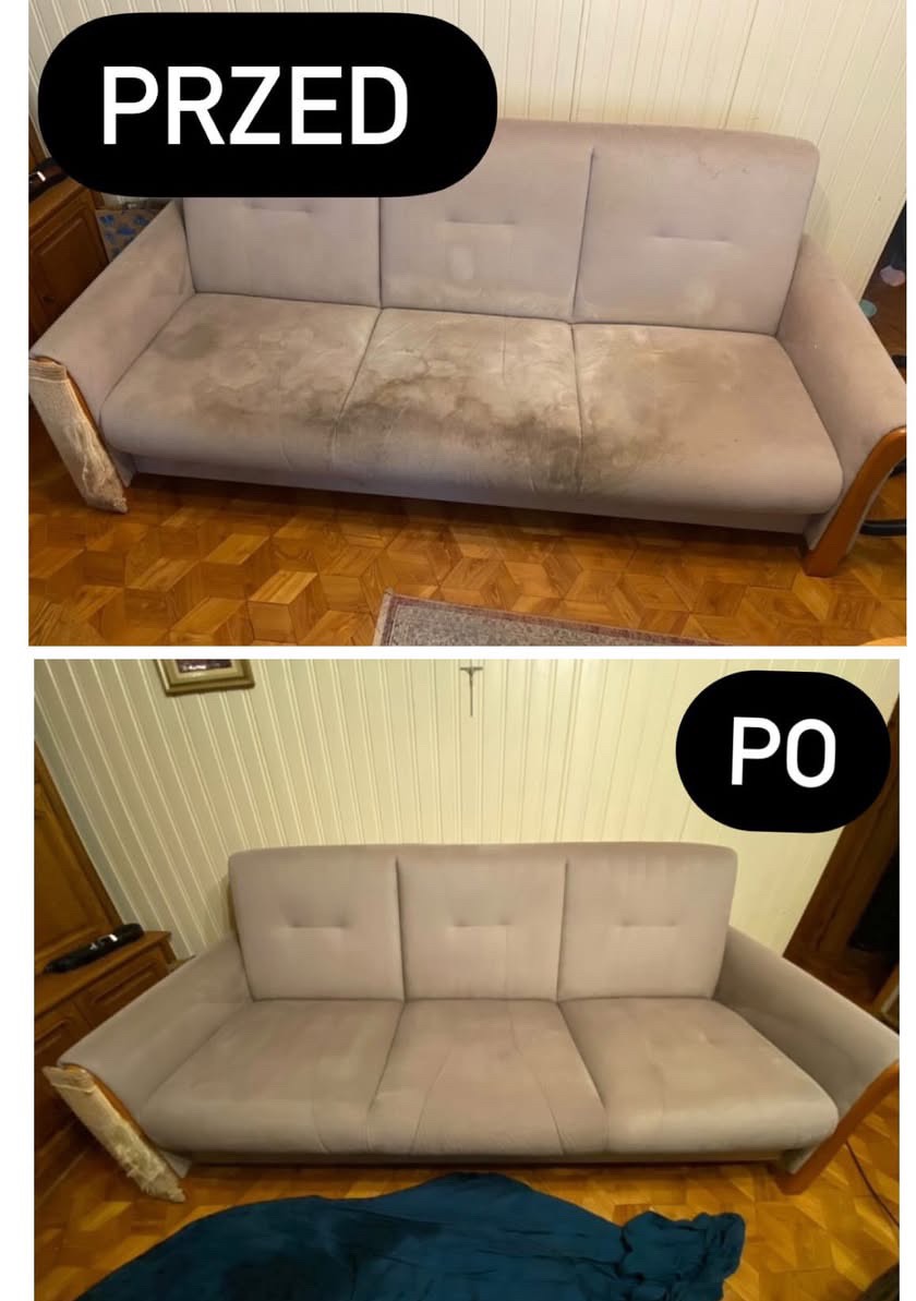 Kanapa 'przed' z wyraźnymi plamami i 'po' czyszczeniu, ukazująca efekt usługi. Na dolnym ujęciu widoczny fragment niebieskiego materiału ochronnego.