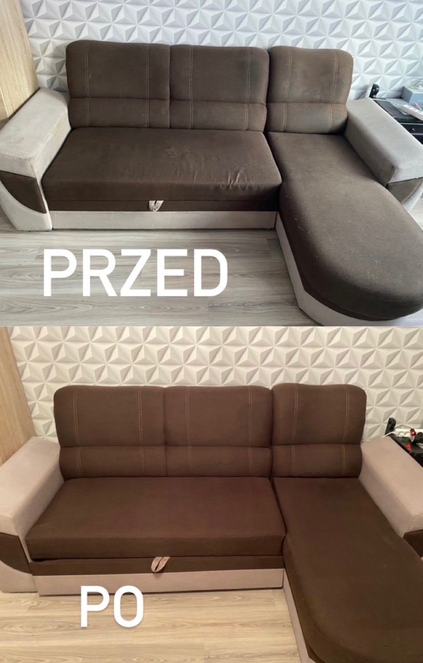 Zdjęcie narożnika z brązową tapicerką w układzie 'przed i po' czyszczeniu. Widoczne różnice w odcieniu i czystości materiału.