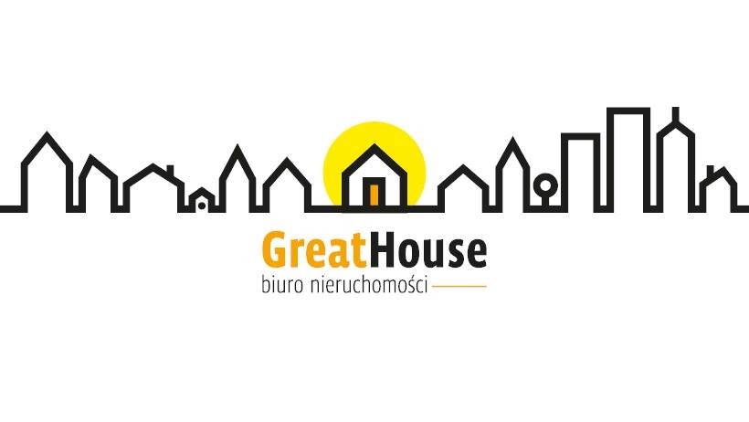 Logo biura nieruchomości GreatHouse przedstawiające stylizowany krajobraz miejski zarysowany czarną linią, z żółtym słońcem za domem.