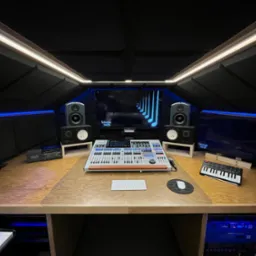 Profesjonalnie wyposażone pomieszczenie z akustycznymi panelami na ścianach i suficie, centralnie umieszczony mikser audio z licznymi suwakami i pokrętłami, monitory studyjne na drewnianych...