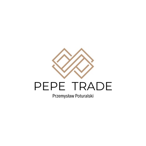 Logo firmy Pepe Trade Przemysław Poturalski z geometrycznym symbolem nieskończoności utworzonym z kwadratów w kolorze beżowym na białym tle.