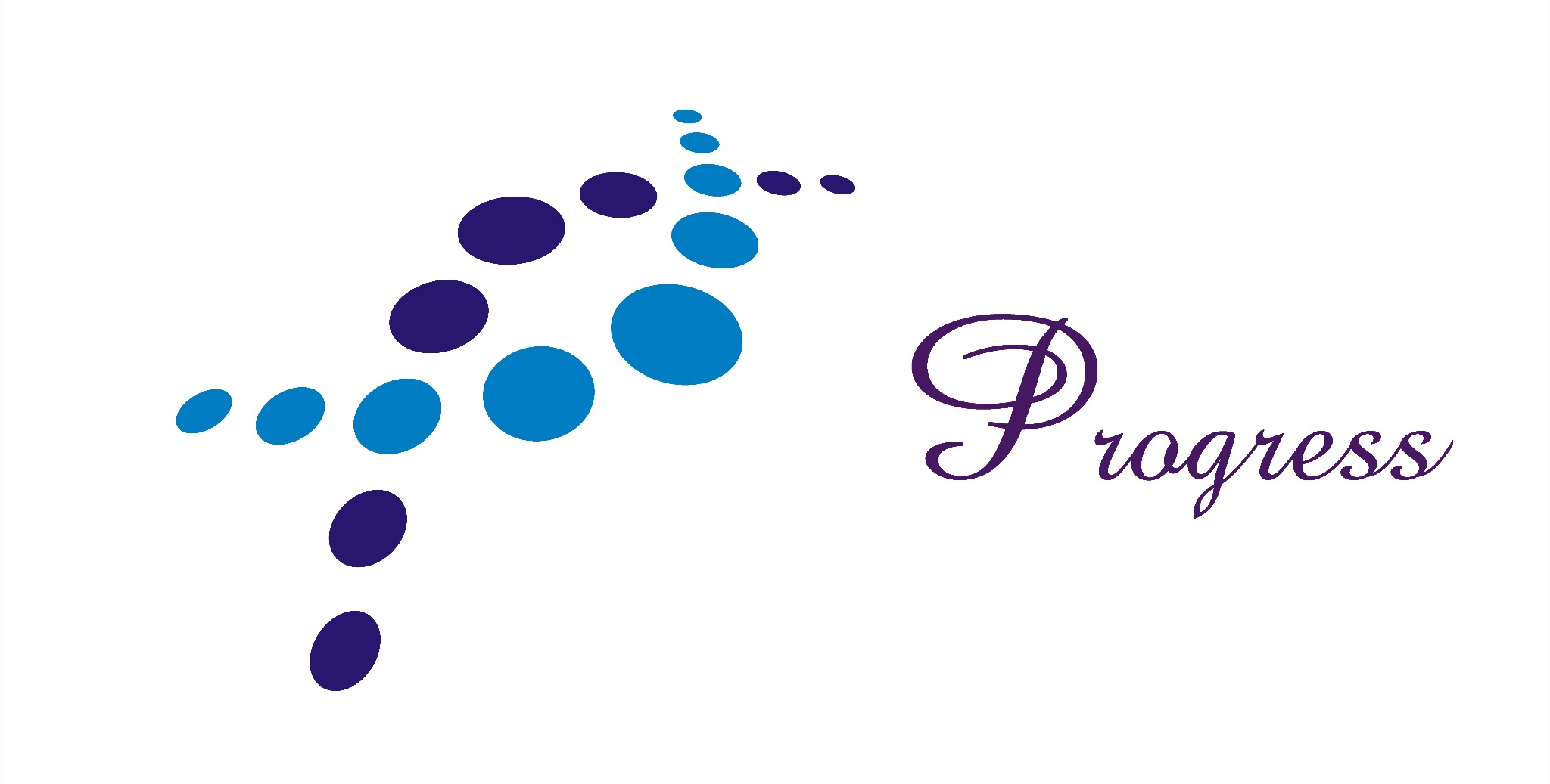 Logo firmy z abstrakcyjnym motywem kropek w odcieniach niebieskiego i fioletowym napisem 'Progress' na białym tle.