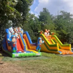 Dwa kolorowe dmuchane zamki ze zjeżdżalniami na trawie, jeden z motywem Psiego Patrolu, drugi z tygrysem na szczycie.