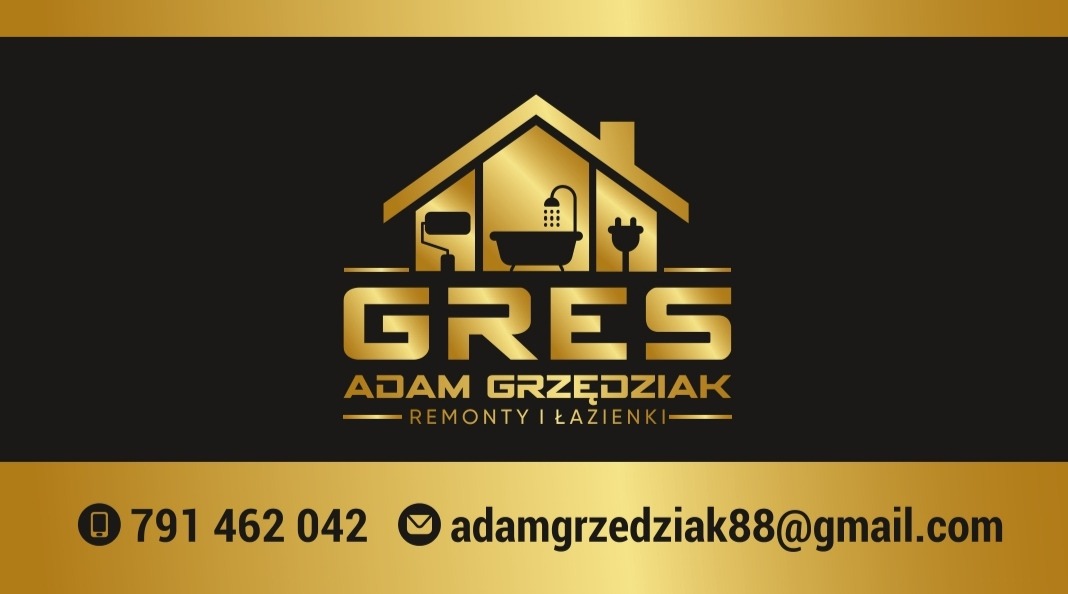 Złote logo firmy remontowej: GRES Adam Grzędziak - remonty i łazienki, z ikonami domu, wanny, prysznica, wałka malarskiego i wtyczki elektrycznej na czarnym tle, z numerem telefonu i adresem email