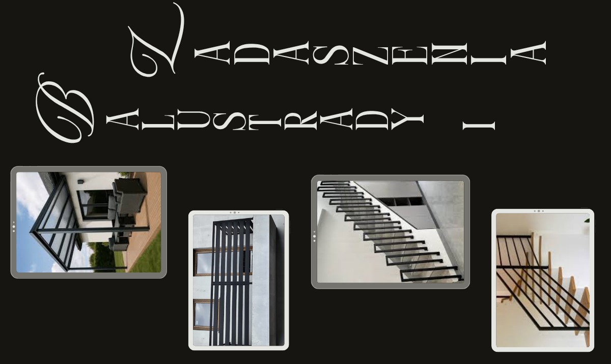 Kompilacja zdjęć: pergola z meblami ogrodowymi, pionowe elementy elewacji, schody z minimalistyczną barierką i barierka schodowa z poziomych prętów.
