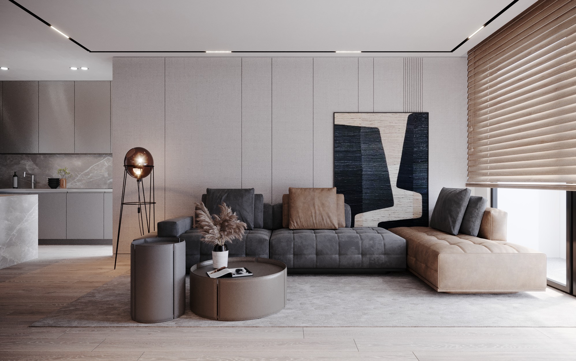 Nowoczesne wnętrze salonu z szarym modułowym narożnikiem, okrągłym stolikiem kawowym z dekoracją z suszonych traw, minimalistyczną lampą podłogową i abstrakcyjnym obrazem na ścianie, uzupełnione...