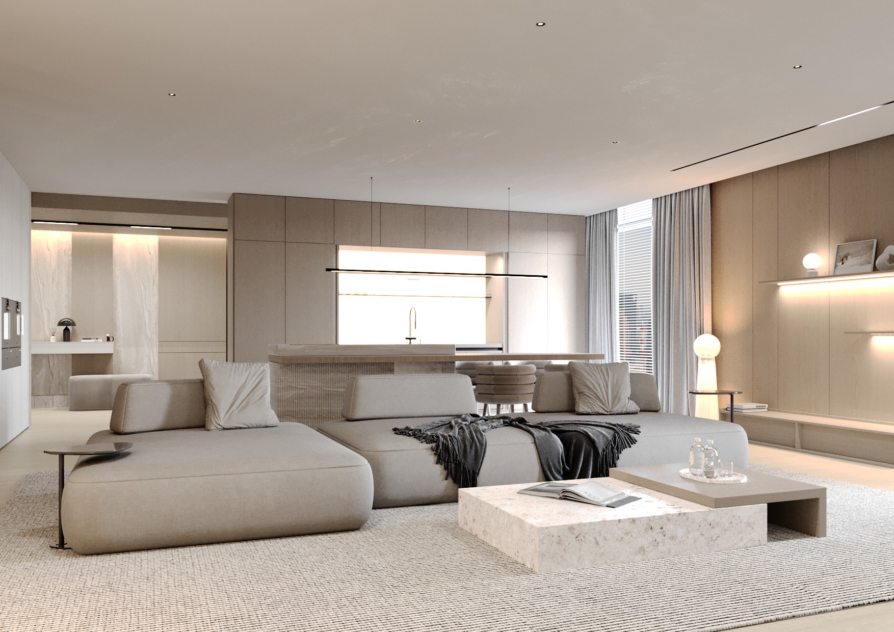 Jasne, minimalistyczne wnętrze salonu z beżową sofą modułową, marmurkowym stolikiem kawowym, otwartą kuchnią w tle i subtelnym oświetleniem.