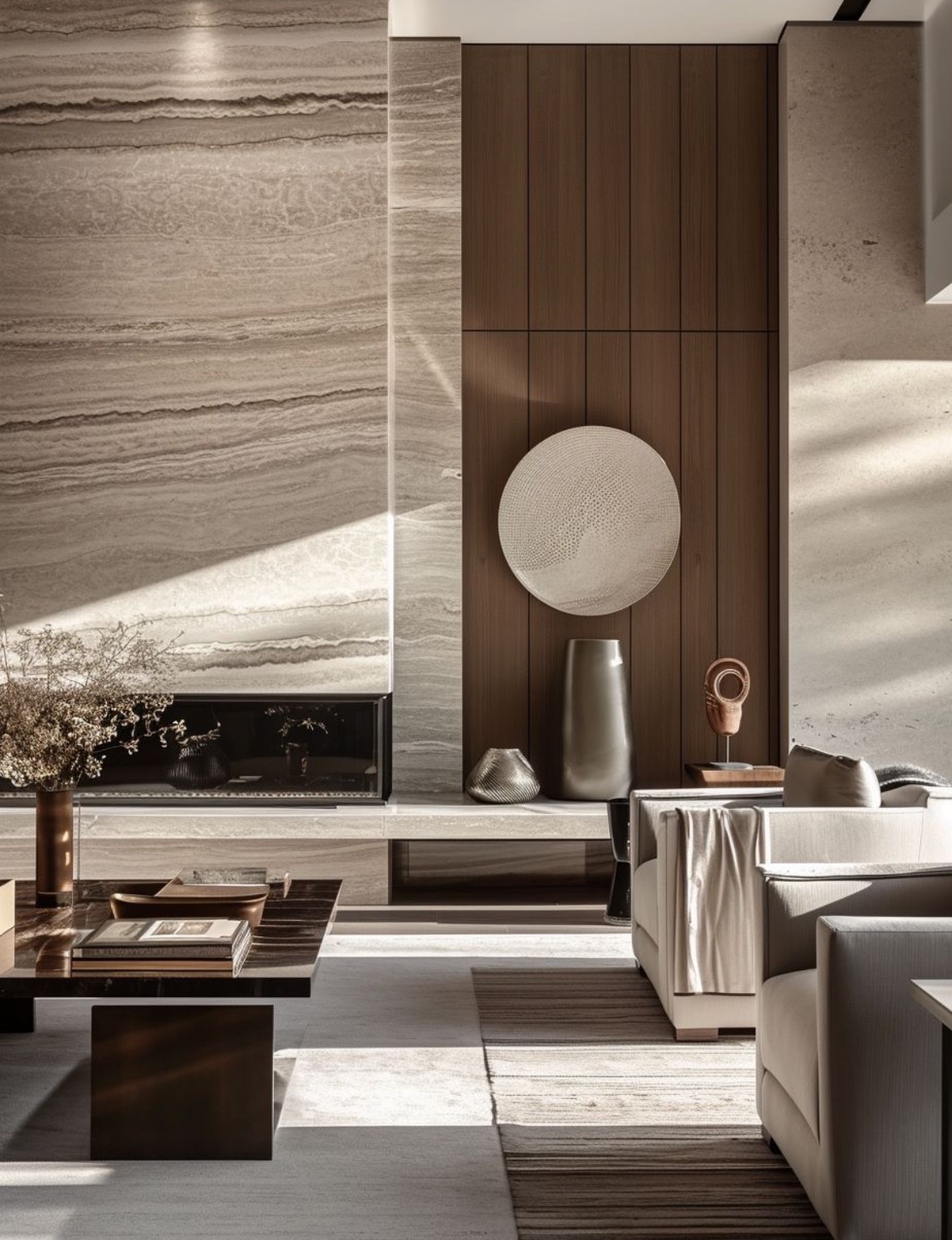 Elegancki salon z kominkiem obłożonym marmurem, drewnianą ścianą z dekoracyjnym okrągłym panelem, nowoczesnymi meblami wypoczynkowymi i stolikiem kawowym z książkami, oświetlony naturalnym światłem.