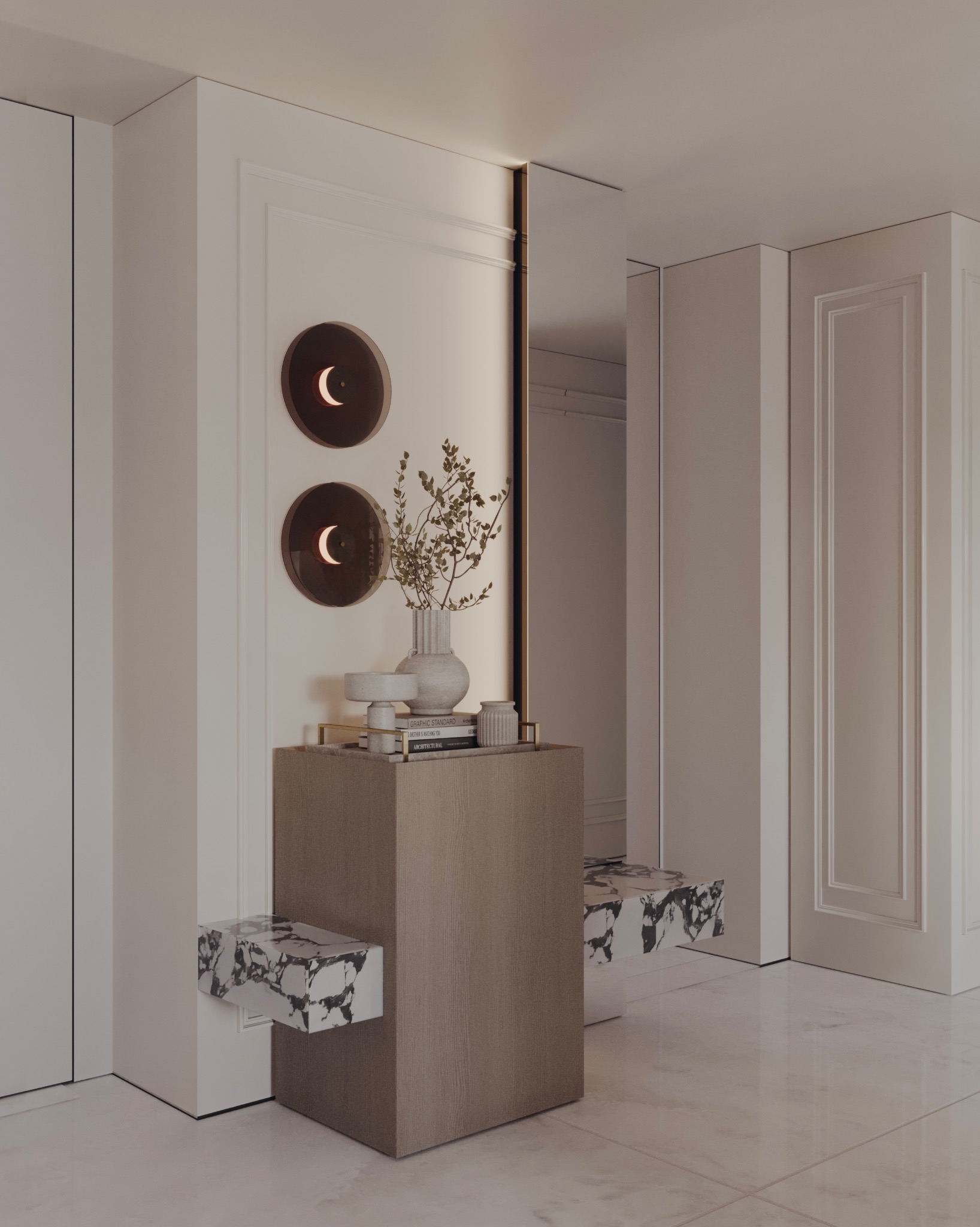 Minimalistyczny przedpokój z konsolą z teksturą drewna, marmurowymi półkami, okrągłymi lampami ściennymi i lustrem.