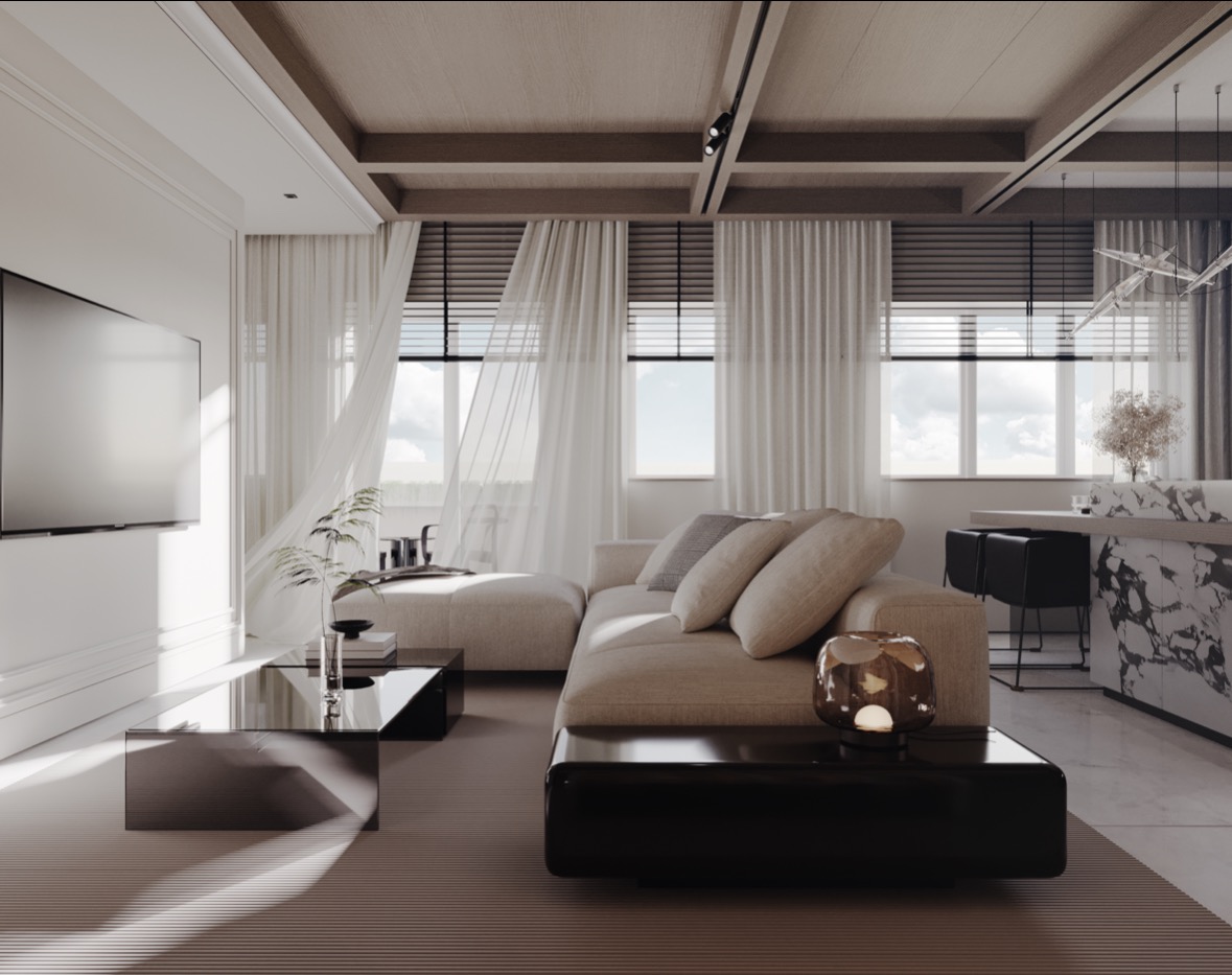 Jasne, przestronne wnętrze salonu z beżową sofą narożną, czarnym stolikiem kawowym z dekoracyjną lampą, telewizorem na ścianie i oknami zasłoniętymi zwiewnymi, białymi zasłonami.