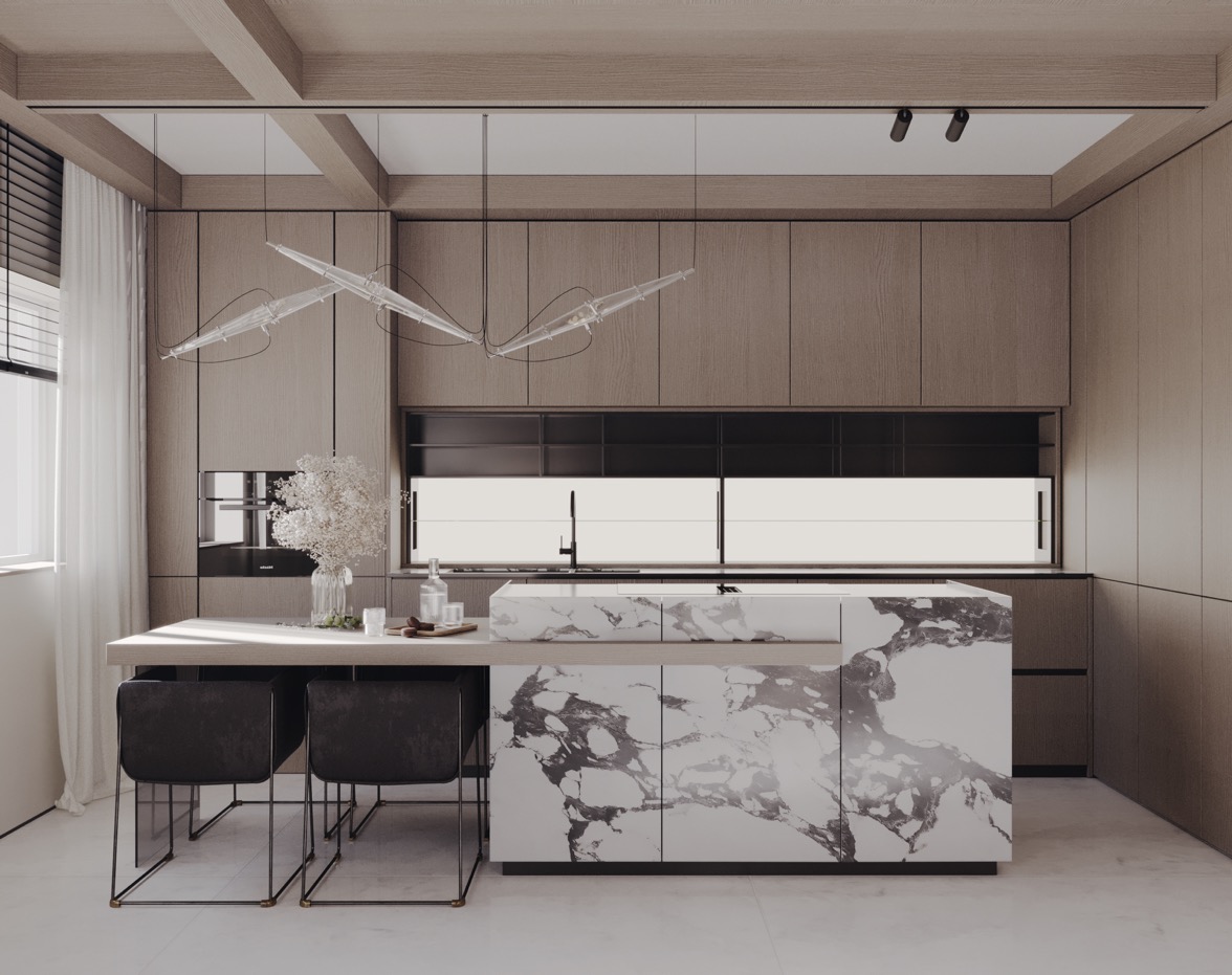 Nowoczesna kuchnia z drewnianymi szafkami, wyspą z marmurowym wzorem i designerską lampą wiszącą w kształcie skrzydła, widok na minimalistyczne krzesła barowe i okno z żaluzjami.
