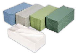 Różnokolorowe paczki ręczników ZZ oraz białe ręczniki papierowe w opakowaniu, oferowane przez firmę z Czańca.