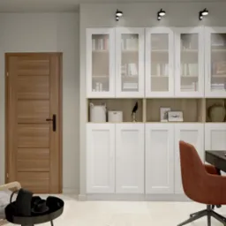 Wizualizacja gabinetu z biurkiem, krzesłem obrotowym w kolorze rdzy, ścianą regałową z przeszklonymi szafkami, zegarem na ścianie i abstrakcyjnym obrazem w ramie.