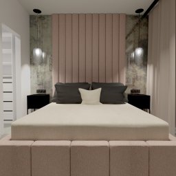 YoDesign - Wizualizacja sypialni z łóżkiem z tapicerowanym wezgłowiem w odcieniach pudrowego różu, czarnymi szafkami nocnymi i lampami wiszącymi z metalowej siatki, z roślinami doniczkowymi na parapecie.