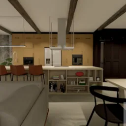 Wizualizacja wnętrza kuchni z wyspą, brązowymi krzesłami barowymi i widokiem na zewnątrz przez duże okno, z widocznymi elementami dekoracyjnymi na półkach wyspy.