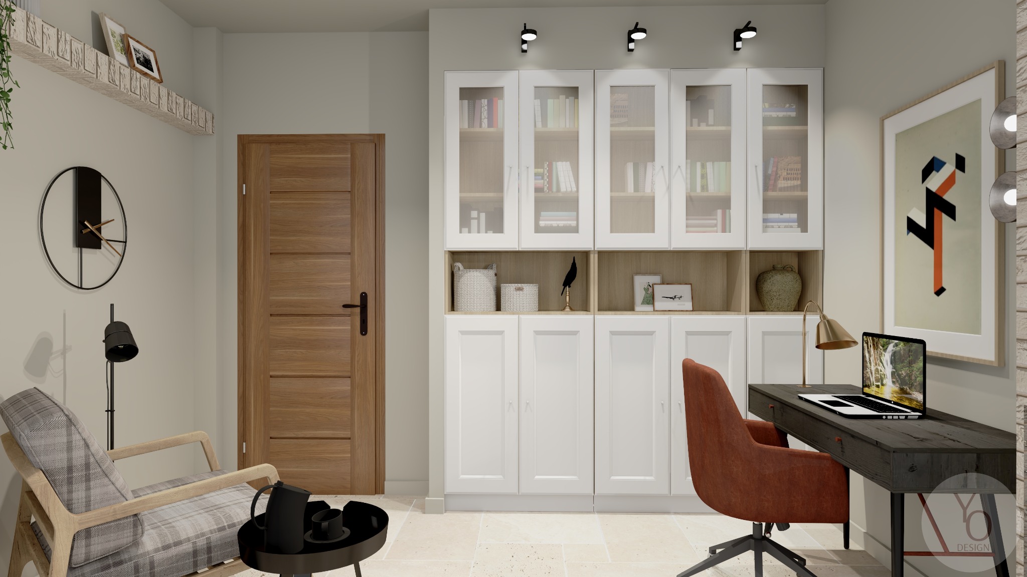 Wizualizacja gabinetu z biurkiem, krzesłem obrotowym w kolorze rdzy, ścianą regałową z przeszklonymi szafkami, zegarem na ścianie i abstrakcyjnym obrazem w ramie.